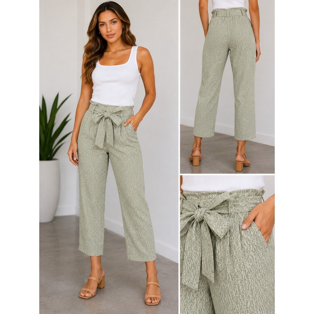 LUSH Olive Lyocell Wide Leg Crop Pants Paper Bag Tie Waist Green Safari M NEW